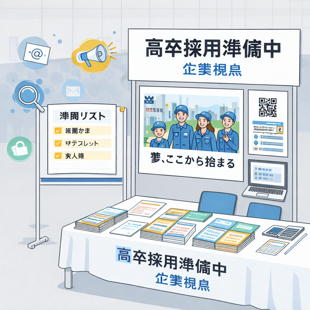 Japanese high school students in uniforms talking to a recruiter at a career fair booth with colorful job recruitment banners